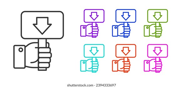 Black line Hand holding auction paddle icon isolated on white background. Bidding concept. Auction competition. Hands rising signs with BID inscriptions. Set icons colorful. Vector