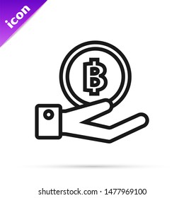 Black line Hand holding Bitcoin icon isolated on white background. Blockchain technology, digital money market, cryptocoin wallet.  Vector Illustration