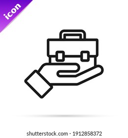 Black line Hand holding briefcase icon isolated on white background. Insurance concept. Security, safety, protection, protect concept.  Vector