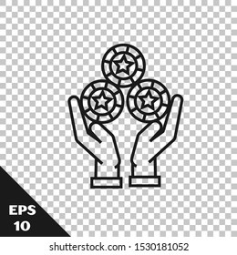 Black line Hand holding casino chips icon isolated on transparent background. Casino gambling.  Vector Illustration