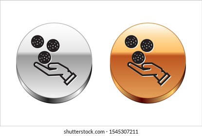 Black line Hand holding casino chips icon isolated on white background. Casino gambling. Silver-gold circle button. Vector Illustration