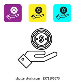 Black line Hand holding casino chips icon isolated on white background. Casino gambling. Set icons colorful square buttons. Vector Illustration