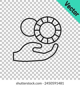 Black line Hand holding casino chips icon isolated on transparent background. Casino gambling.  Vector