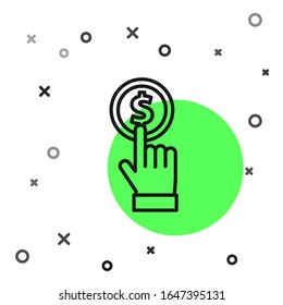 Black line Hand holding coin icon isolated on white background. Dollar or USD symbol. Cash Banking currency sign.  Vector Illustration