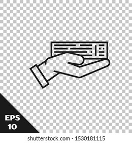 Black line Hand holding deck of playing cards icon isolated on transparent background. Casino gambling.  Vector Illustration
