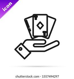 Black line Hand holding deck of playing cards icon isolated on white background. Casino gambling.  Vector Illustration