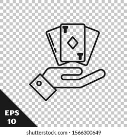 Black line Hand holding deck of playing cards icon isolated on transparent background. Casino gambling.  Vector Illustration