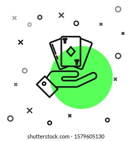 Black line Hand holding deck of playing cards icon isolated on white background. Casino gambling.  Vector Illustration