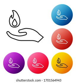 Black line Hand holding a fire icon isolated on white background. Set icons colorful circle buttons. Vector Illustration