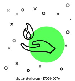 Black line Hand holding a fire icon isolated on white background.  Vector Illustration