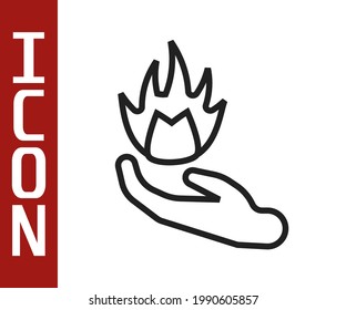 Mano de línea negra sosteniendo un icono de fuego aislado en fondo blanco.  Vector
