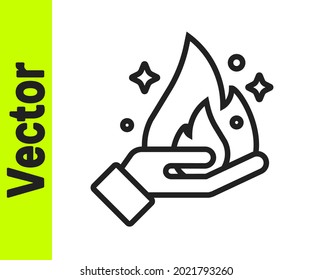 Black line Hand holding a fire icon isolated on white background.  Vector