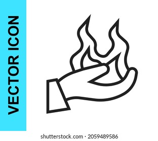 Black line Hand holding a fire icon isolated on white background.  Vector