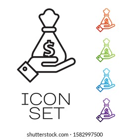 Black line Hand holding money bag icon isolated on white background. Dollar or USD symbol. Cash Banking currency sign. Set icons colorful. Vector Illustration