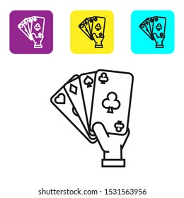 Black line Hand holding playing cards icon isolated on white background. Casino game design. Set icons colorful square buttons. Vector Illustration