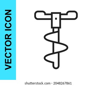 Black line Hand ice drill for winter fishing icon isolated on white background.  Vector