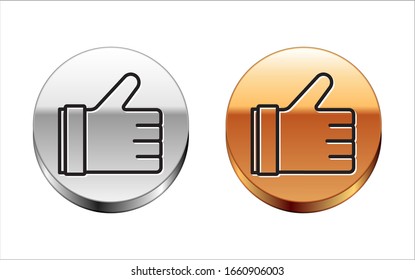 Icono de la mano negra aislado en fondo blanco. Botón del círculo dorado plateado. Ilustración vectorial
