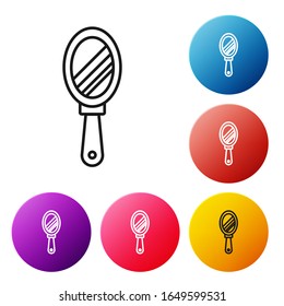 Icono de espejo de mano de línea negra aislado en fondo blanco. Establezca los iconos de los botones de círculo coloridos.  Ilustración vectorial