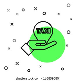 Black line Hand on map pointer with taxi icon isolated on white background. Location symbol.  Vector Illustration