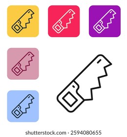 Black line Hand saw icon isolated on white background. Set icons in color square buttons. Vector