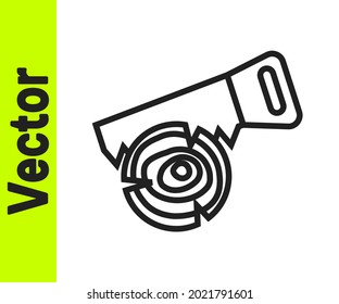 Black line Hand saw and log icon isolated on white background.  Vector