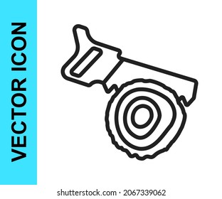 Black line Hand saw and log icon isolated on white background.  Vector