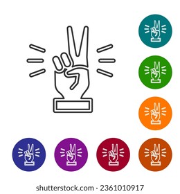 Black line Hand showing two finger icon isolated on white background. Victory hand sign. Set icons in color circle buttons. Vector