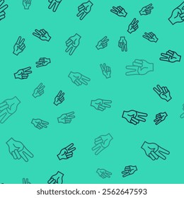 Black line Hand showing two finger icon isolated seamless pattern on green background. Hand gesture V sign for victory or peace.  Vector