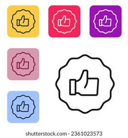 Icono de la mano de la línea negra hacia arriba aislado en fondo blanco. Establezca iconos en los botones cuadrados de color. Vector