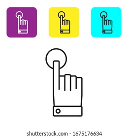 Black line Hand touch and tap gesture icon isolated on white background. Click here, finger, touch, pointer, cursor, mouse symbol. Set icons colorful square buttons. Vector Illustration