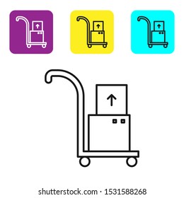 Black line Hand truck and boxes icon isolated on white background. Dolly symbol. Set icons colorful square buttons. Vector Illustration
