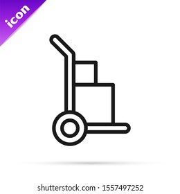 Black line Hand truck and boxes icon isolated on white background. Dolly symbol.  Vector Illustration