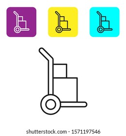 Black line Hand truck and boxes icon isolated on white background. Dolly symbol. Set icons colorful square buttons. Vector Illustration