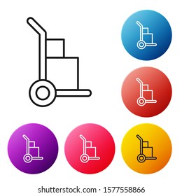 Black line Hand truck and boxes icon isolated on white background. Dolly symbol. Set icons colorful circle buttons. Vector Illustration