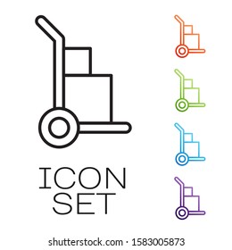 Black line Hand truck and boxes icon isolated on white background. Dolly symbol. Set icons colorful. Vector Illustration