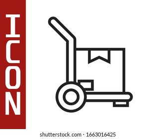 Black line Hand truck and boxes icon isolated on white background. Dolly symbol.  Vector Illustration