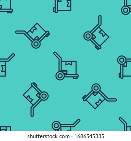 Black line Hand truck and boxes icon isolated seamless pattern on green background. Dolly symbol.  Vector Illustration