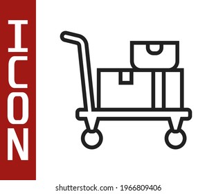 Black line Hand truck and boxes icon isolated on white background. Dolly symbol.  Vector