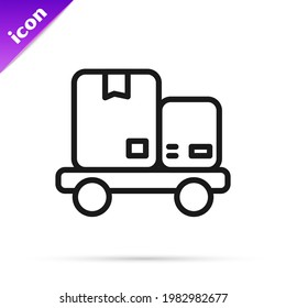 Black line Hand truck and boxes icon isolated on white background. Dolly symbol.  Vector