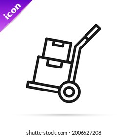 Black line Hand truck and boxes icon isolated on white background. Dolly symbol.  Vector