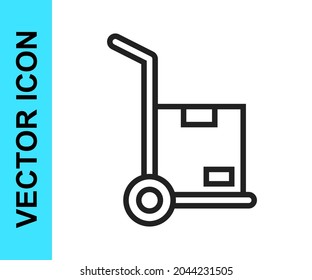 Black line Hand truck and boxes icon isolated on white background. Dolly symbol.  Vector