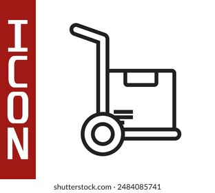 Black line Hand truck and boxes icon isolated on white background. Dolly symbol.  Vector Illustration
