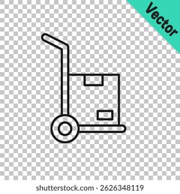 Linha preta Caminhão de mão e ícone de caixas isolados no fundo transparente. Símbolo Dolly.  Vetor