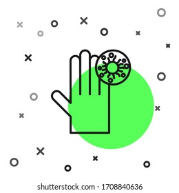 Black line Hand with virus icon isolated on white background. Corona virus 2019-nCoV. Bacteria and germs, cell cancer, microbe, fungi.  Vector Illustration