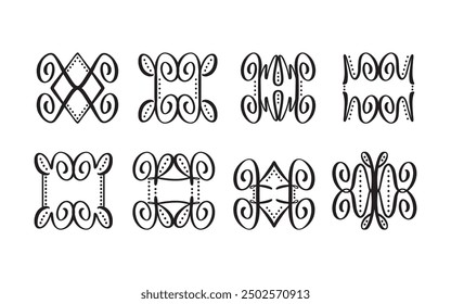 Black line hand written cute curly creative isolated emblems and motifs icons design elements set on white background