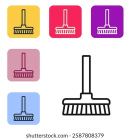 Black line Handle broom icon isolated on white background. Cleaning service concept. Set icons in color square buttons. Vector