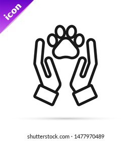 Black line Hands with animals footprint icon isolated on white background. Pet paw in heart. Love to the animals. Vector Illustration Black line Hands with animals footprint icon isolated on white background. Pet paw in heart. Love to the animals. Vector Illustration