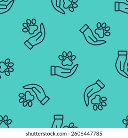 Black line Hands with animals footprint icon isolated seamless pattern on green background. Pet paw in heart. Love to the animals.  Vector