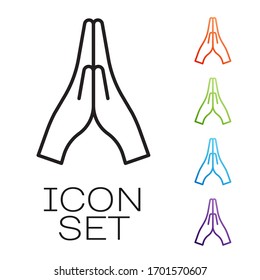 Black line Hands in praying position icon isolated on white background. Prayer to god with faith and hope. Set icons colorful. Vector Illustration