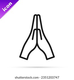 Black line Hands in praying position icon isolated on white background. Prayer to god with faith and hope.  Vector Illustration